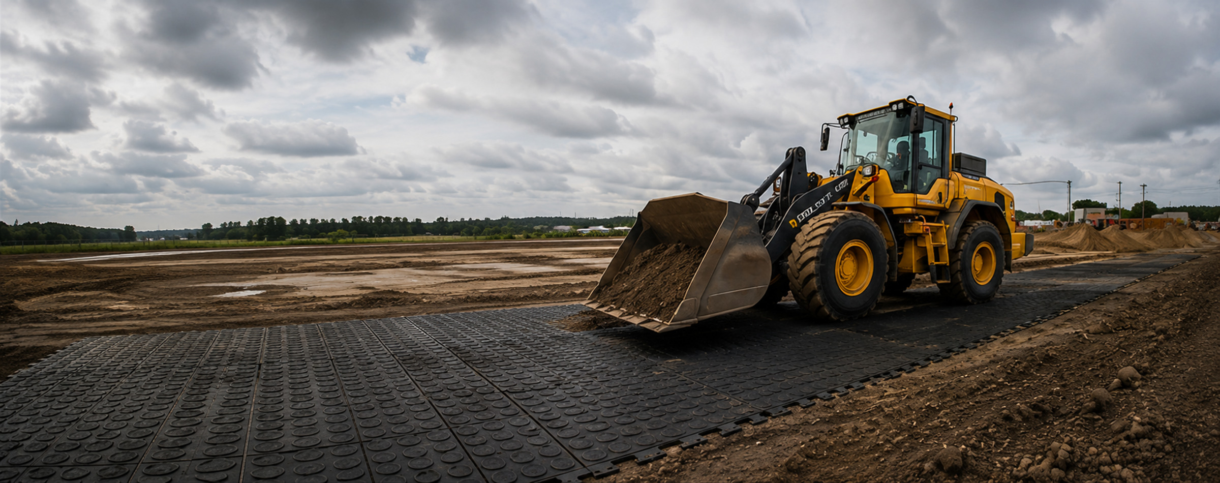 Baumaschine auf einem modularen Bodensystem